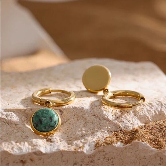 #43 NEW Natural Turquoise Dangle 18k Gold Hoop Earrings - Picture 7 of 9